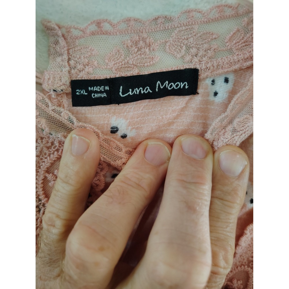 Luna Moon Pink Floral Lace Trim Tie Front Blouse Short Sleeve Plus Size 2XL - Picture 2 of 3